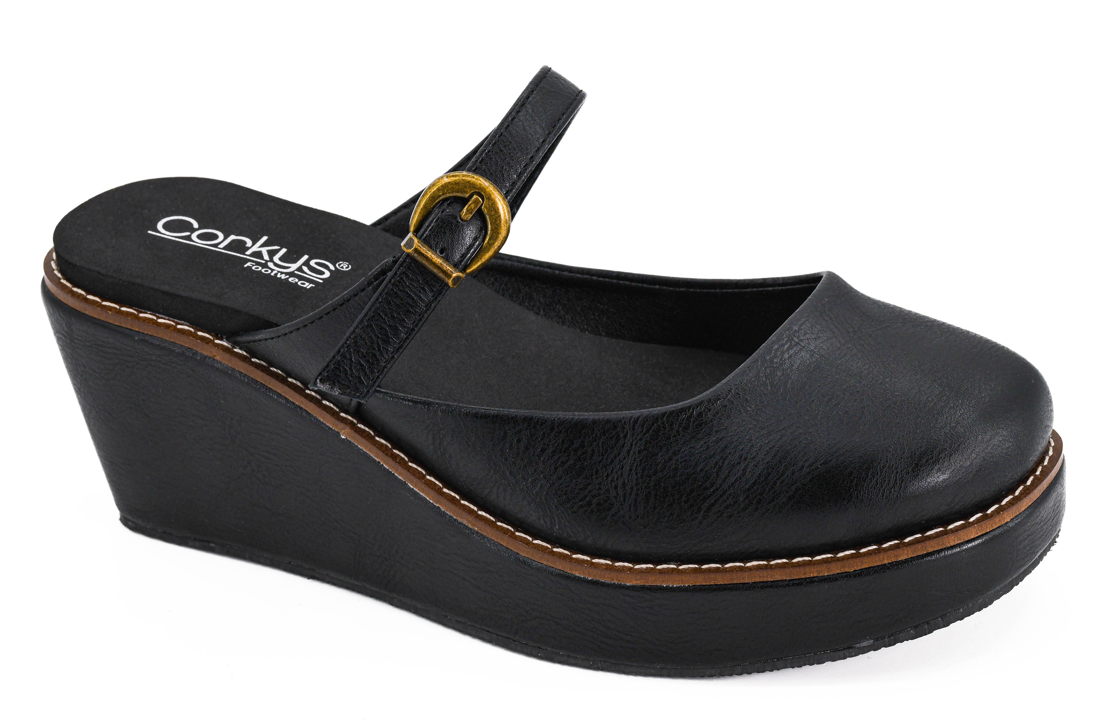 Corky's Me Time black wedge clog with gold buckle strap and platform sole
