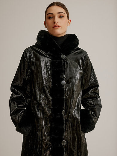 Nikki Jones Reversible Fur/Luster Rain Hooded Coat in Black at ooh la la! in Grapevine TX 76051