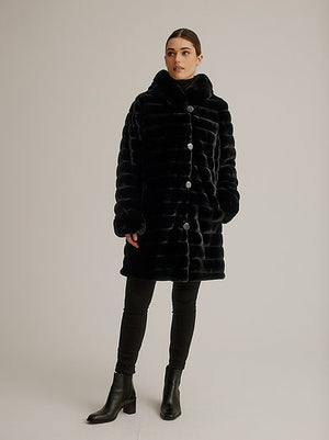 Nikki Jones Reversible Fur/Luster Rain Hooded Coat in Black at ooh la la! in Grapevine TX 76051