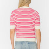 Pink striped sweater, short sleeve pullover, cotton pointelle top, lightweight women's knit, summer sweater, vanilla pink stripe top, open knit sweater, Norine cotton top. at ooh la la! in Grapevine TX 76051