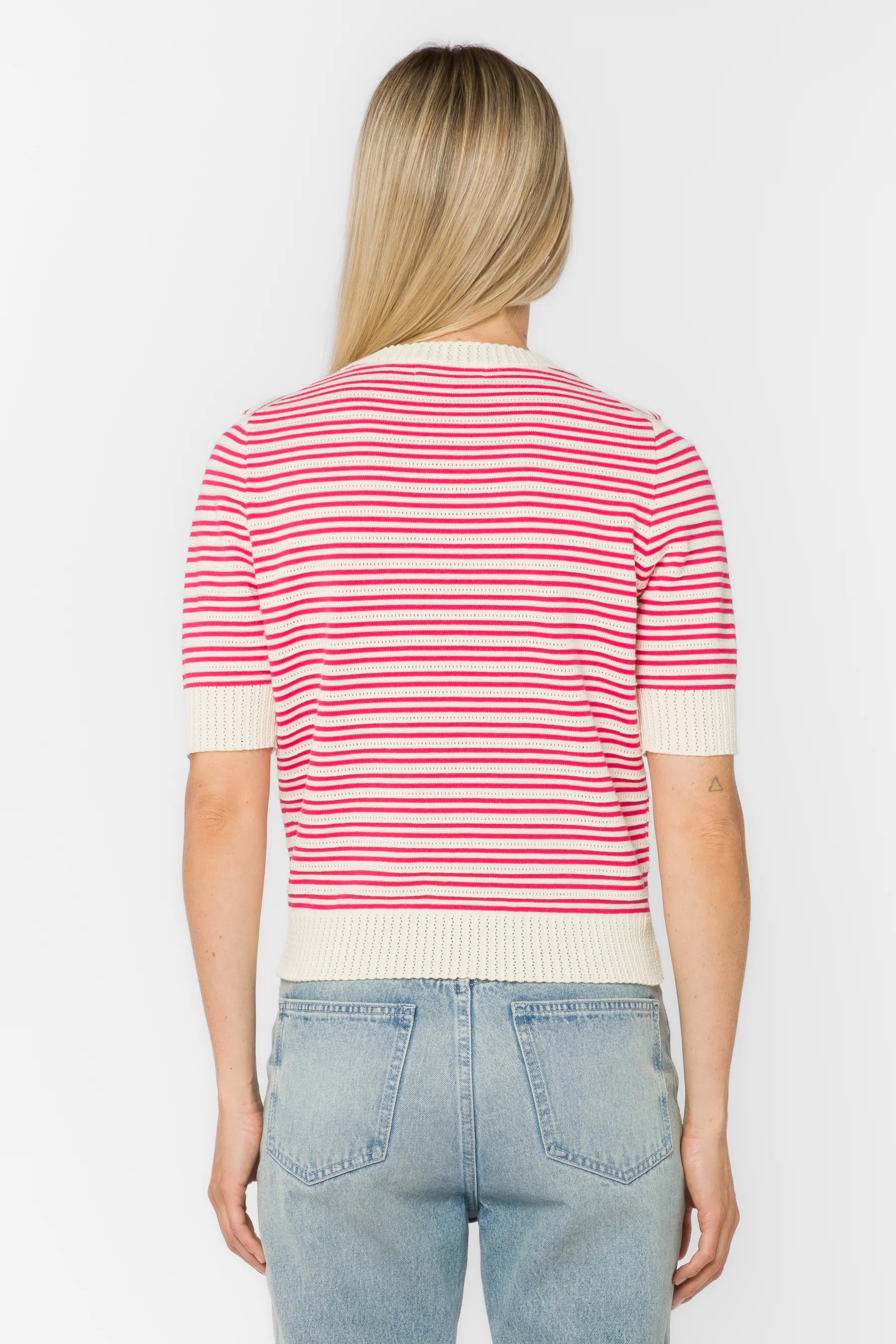 Pink striped sweater, short sleeve pullover, cotton pointelle top, lightweight women's knit, summer sweater, vanilla pink stripe top, open knit sweater, Norine cotton top. at ooh la la! in Grapevine TX 76051