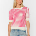 Pink striped sweater, short sleeve pullover, cotton pointelle top, lightweight women's knit, summer sweater, vanilla pink stripe top, open knit sweater, Norine cotton top. at ooh la la! in Grapevine TX 76051