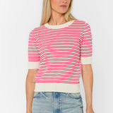 Pink striped sweater, short sleeve pullover, cotton pointelle top, lightweight women's knit, summer sweater, vanilla pink stripe top, open knit sweater, Norine cotton top. at ooh la la! in Grapevine TX 76051