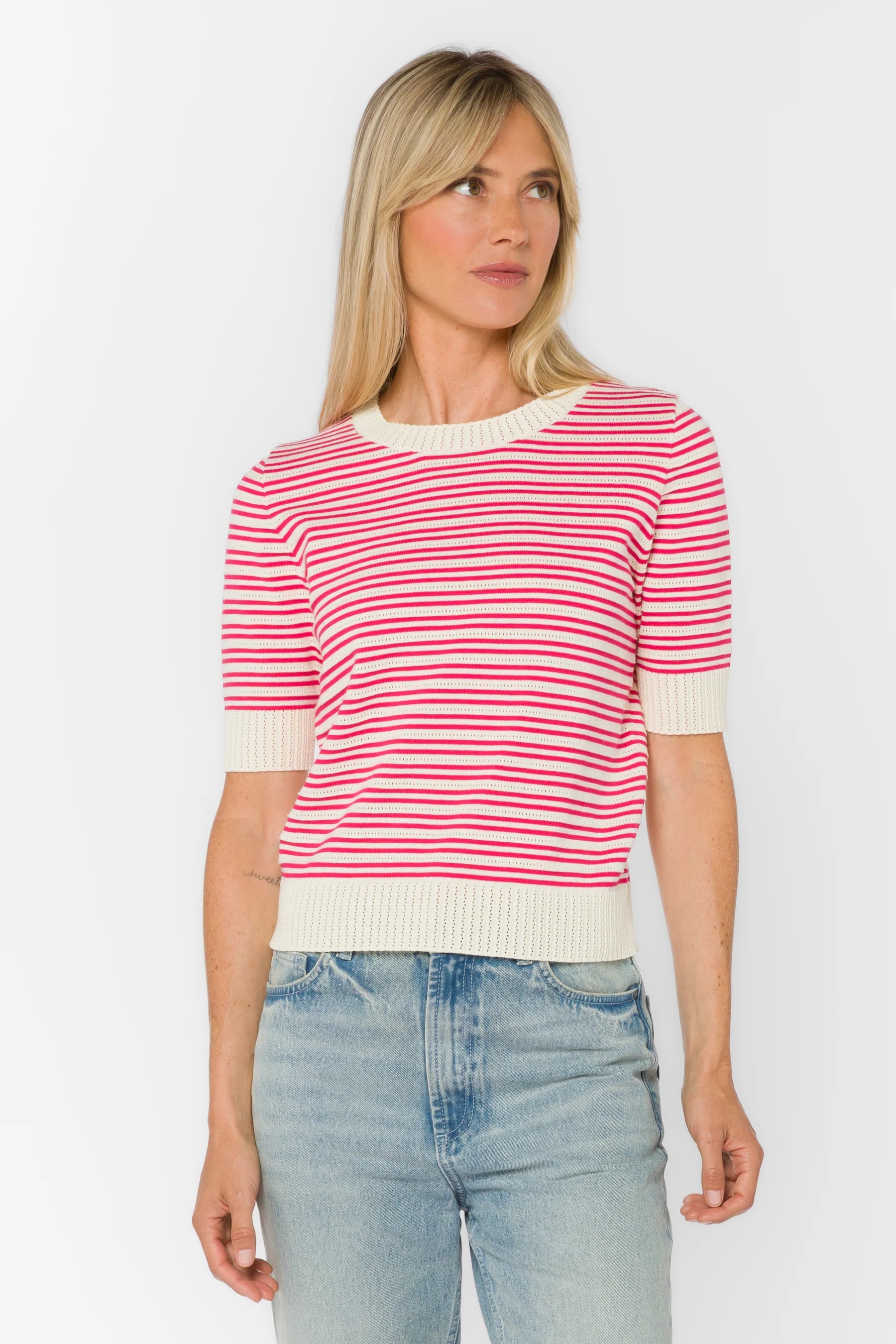 Pink striped sweater, short sleeve pullover, cotton pointelle top, lightweight women's knit, summer sweater, vanilla pink stripe top, open knit sweater, Norine cotton top. at ooh la la! in Grapevine TX 76051