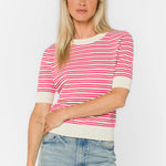 Pink striped sweater, short sleeve pullover, cotton pointelle top, lightweight women's knit, summer sweater, vanilla pink stripe top, open knit sweater, Norine cotton top. at ooh la la! in Grapevine TX 76051