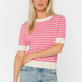 Pink striped sweater, short sleeve pullover, cotton pointelle top, lightweight women's knit, summer sweater, vanilla pink stripe top, open knit sweater, Norine cotton top. at ooh la la! in Grapevine TX 76051