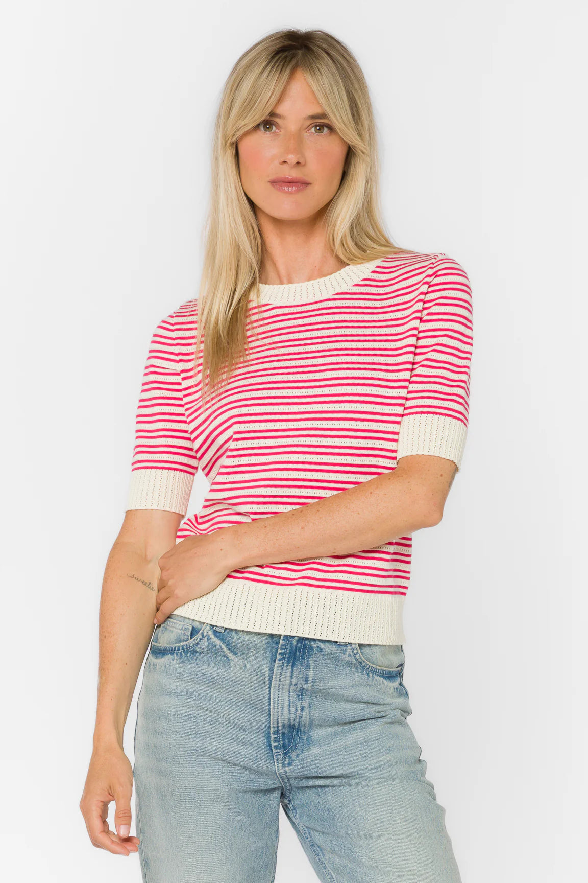 Pink striped sweater, short sleeve pullover, cotton pointelle top, lightweight women's knit, summer sweater, vanilla pink stripe top, open knit sweater, Norine cotton top. at ooh la la! in Grapevine TX 76051