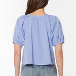 Blue gingham top, cotton peasant blouse, puff sleeve shirt, women's summer tops, blue and white gingham, lightweight cotton top, button-down blouse, cottagecore style.
at ooh la la in Grapevine TX 76051