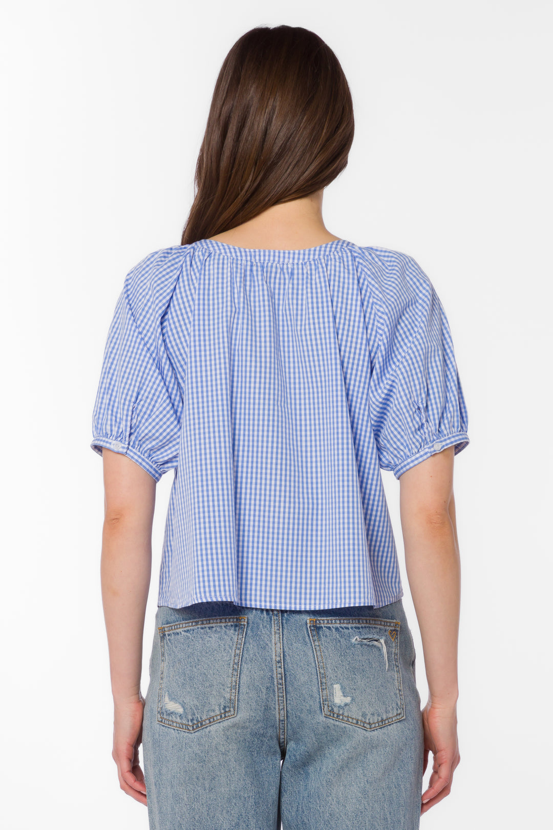 Blue gingham top, cotton peasant blouse, puff sleeve shirt, women's summer tops, blue and white gingham, lightweight cotton top, button-down blouse, cottagecore style.
at ooh la la in Grapevine TX 76051