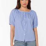 Blue gingham top, cotton peasant blouse, puff sleeve shirt, women's summer tops, blue and white gingham, lightweight cotton top, button-down blouse, cottagecore style.
at ooh la la in Grapevine TX 76051