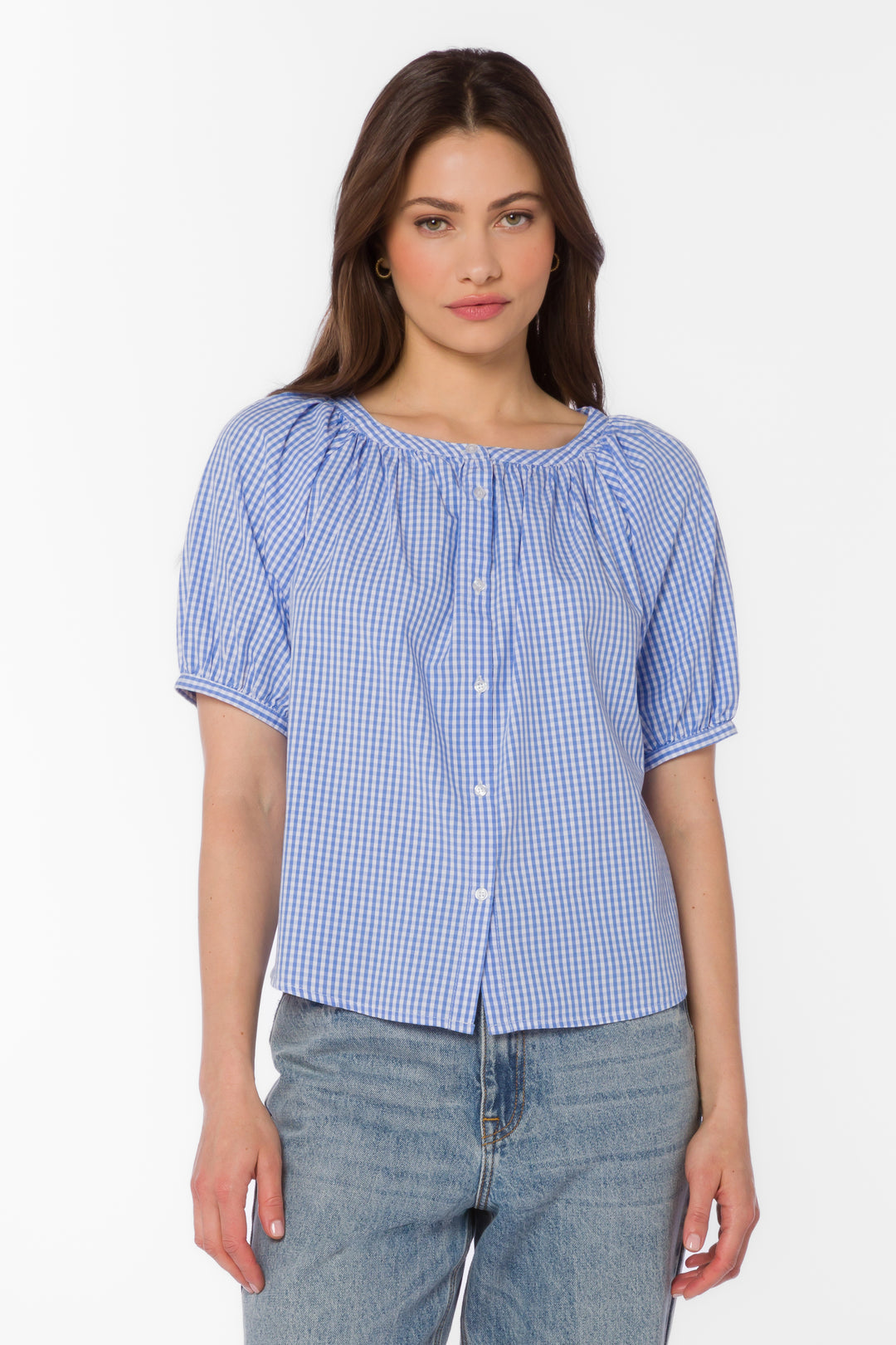Blue gingham top, cotton peasant blouse, puff sleeve shirt, women's summer tops, blue and white gingham, lightweight cotton top, button-down blouse, cottagecore style.
at ooh la la in Grapevine TX 76051