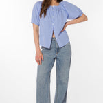 Blue gingham top, cotton peasant blouse, puff sleeve shirt, women's summer tops, blue and white gingham, lightweight cotton top, button-down blouse, cottagecore style.
at ooh la la in Grapevine TX 76051