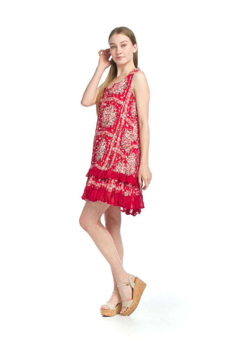 Red floral dress, scarf print dress, ruffle hem dress, boho shift dress, sleeveless summer dress, crinkle viscose dress, loose fit dress, women's floral sundress. at ooh la la! in Grapevine TX 76051
