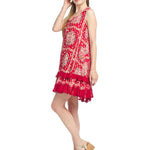 Red floral dress, scarf print dress, ruffle hem dress, boho shift dress, sleeveless summer dress, crinkle viscose dress, loose fit dress, women's floral sundress. at ooh la la! in Grapevine TX 76051