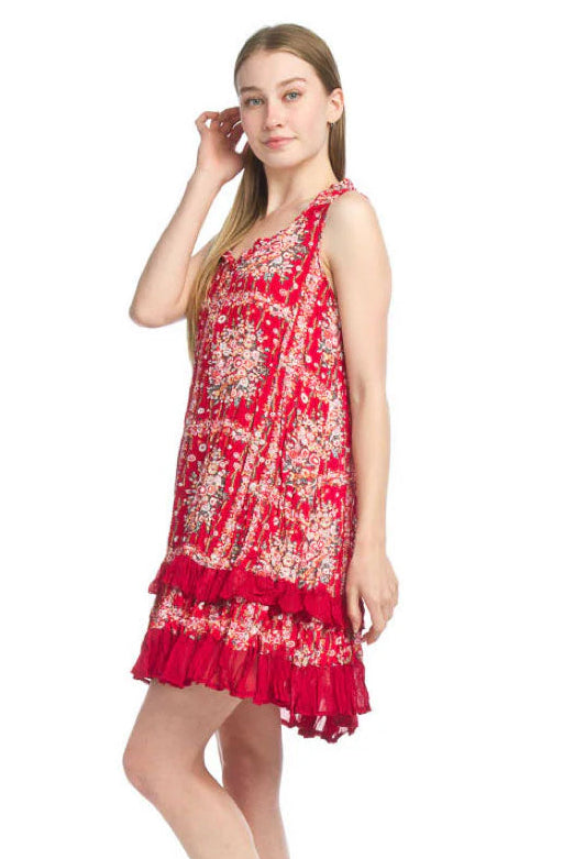 Red floral dress, scarf print dress, ruffle hem dress, boho shift dress, sleeveless summer dress, crinkle viscose dress, loose fit dress, women's floral sundress. at ooh la la! in Grapevine TX 76051