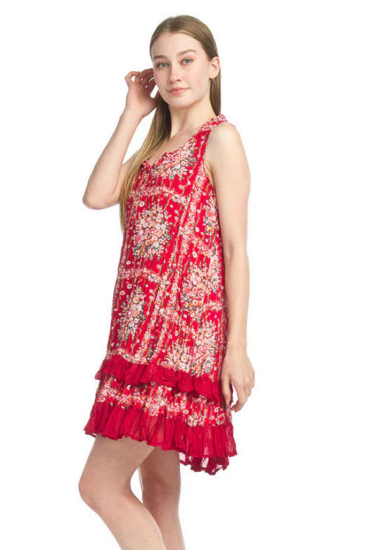 Red floral dress, scarf print dress, ruffle hem dress, boho shift dress, sleeveless summer dress, crinkle viscose dress, loose fit dress, women's floral sundress. at ooh la la! in Grapevine TX 76051
