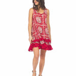 Red floral dress, scarf print dress, ruffle hem dress, boho shift dress, sleeveless summer dress, crinkle viscose dress, loose fit dress, women's floral sundress. at ooh la la! in Grapevine TX 76051