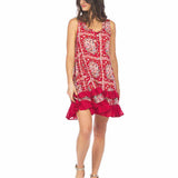 Red floral dress, scarf print dress, ruffle hem dress, boho shift dress, sleeveless summer dress, crinkle viscose dress, loose fit dress, women's floral sundress. at ooh la la! in Grapevine TX 76051