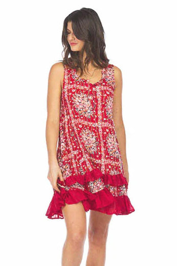 Red floral dress, scarf print dress, ruffle hem dress, boho shift dress, sleeveless summer dress, crinkle viscose dress, loose fit dress, women's floral sundress. at ooh la la! in Grapevine TX 76051