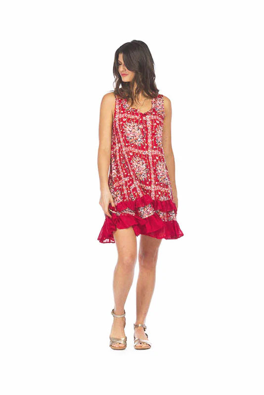 Red floral dress, scarf print dress, ruffle hem dress, boho shift dress, sleeveless summer dress, crinkle viscose dress, loose fit dress, women's floral sundress. at ooh la la! in Grapevine TX 76051