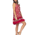 Red floral dress, scarf print dress, ruffle hem dress, boho shift dress, sleeveless summer dress, crinkle viscose dress, loose fit dress, women's floral sundress. at ooh la la! in Grapevine TX 76051