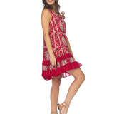 Red floral dress, scarf print dress, ruffle hem dress, boho shift dress, sleeveless summer dress, crinkle viscose dress, loose fit dress, women's floral sundress. at ooh la la! in Grapevine TX 76051