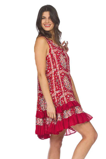 Red floral dress, scarf print dress, ruffle hem dress, boho shift dress, sleeveless summer dress, crinkle viscose dress, loose fit dress, women's floral sundress. at ooh la la! in Grapevine TX 76051