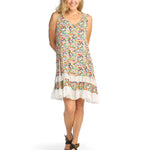 Multicolor shift dress, ruffle hem dress, sleeveless print dress, viscose summer dress, boho shift dress, tiered ruffle dress, lightweight beach dress, women's printed sundress. at ooh la la! in Grapevine TX 76051

