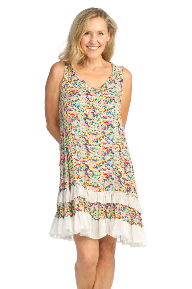 Multicolor shift dress, ruffle hem dress, sleeveless print dress, viscose summer dress, boho shift dress, tiered ruffle dress, lightweight beach dress, women's printed sundress. at ooh la la! in Grapevine TX 76051

