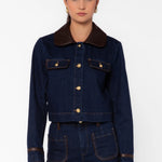 Velvet Heart Pepa Dark Blue Denim Jacket with Leather Trim at ooh la la! in Grapevine TX 76051