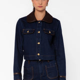 Velvet Heart Pepa Dark Blue Denim Jacket with Leather Trim at ooh la la! in Grapevine TX 76051