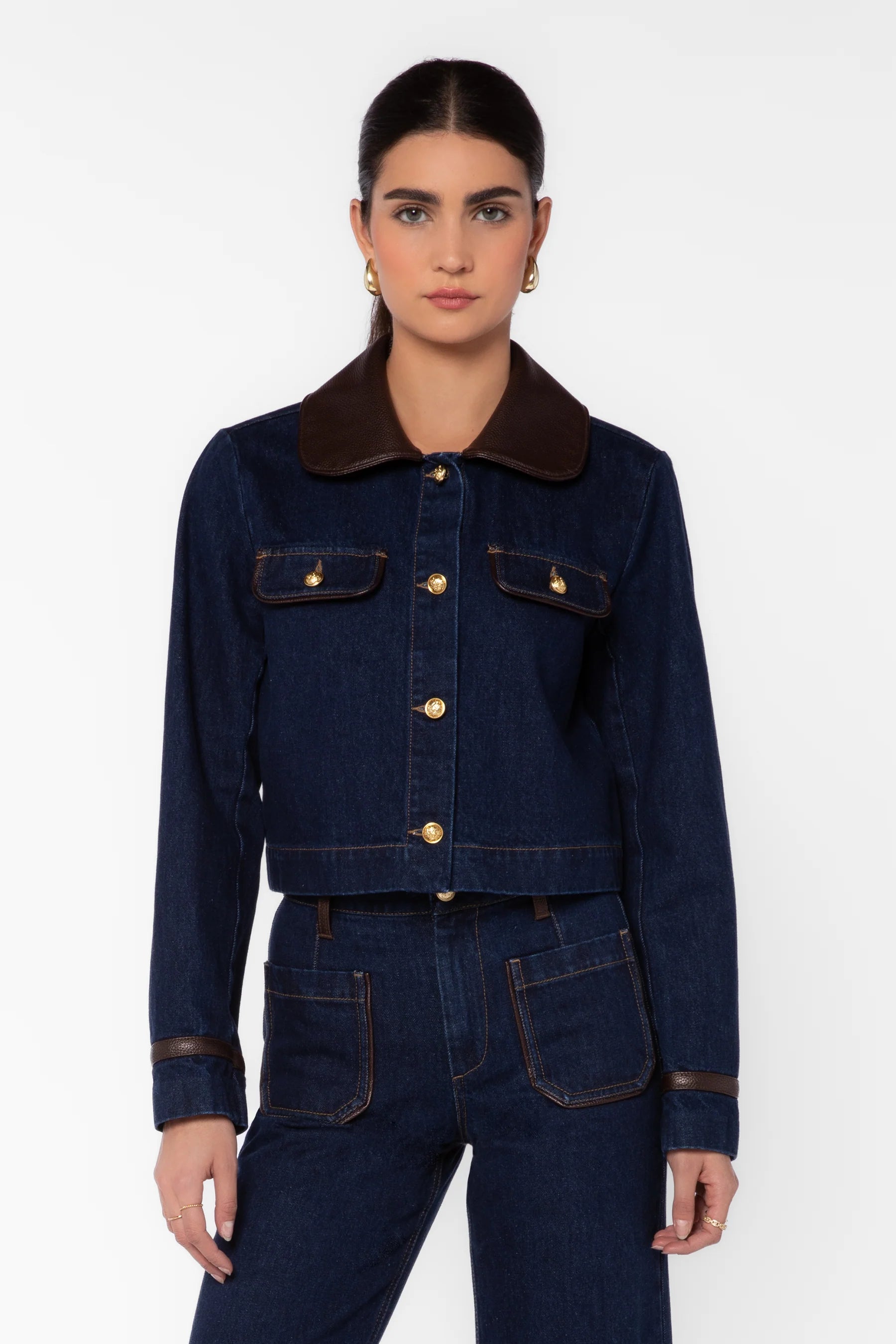Velvet Heart Pepa Dark Blue Denim Jacket with Leather Trim at ooh la la! in Grapevine TX 76051