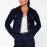 Velvet Heart Pepa Dark Blue Denim Jacket with Leather Trim at ooh la la! in Grapevine TX 76051