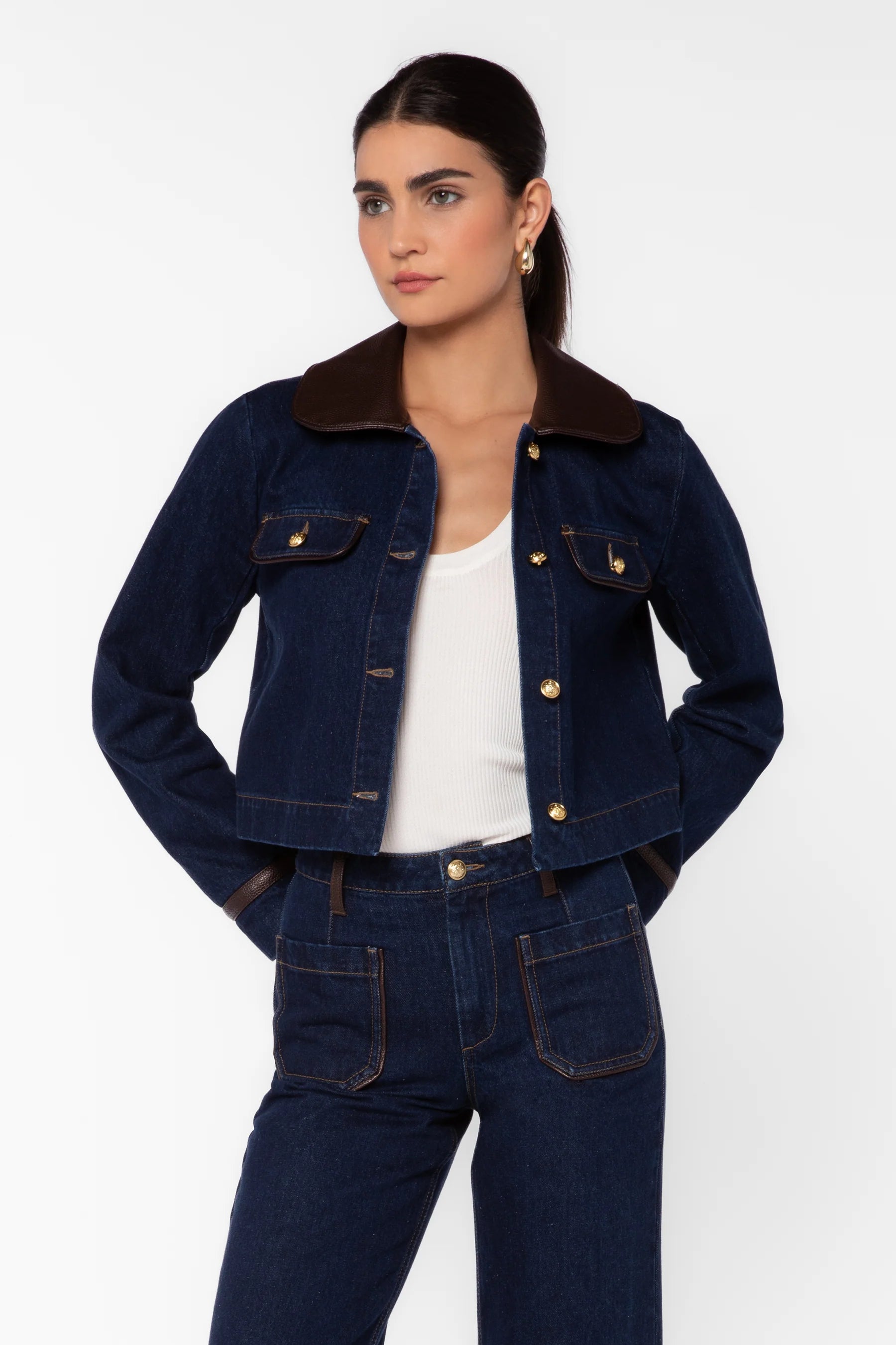 Velvet Heart Pepa Dark Blue Denim Jacket with Leather Trim at ooh la la! in Grapevine TX 76051