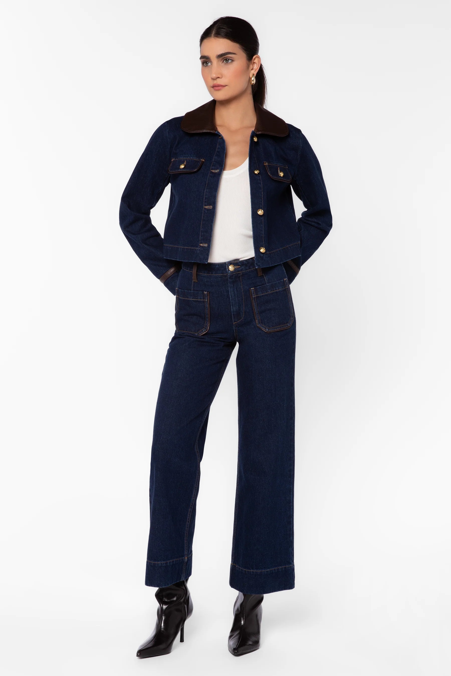 Velvet Heart Pepa Dark Blue Denim Jacket with Leather Trim and Gia Dark Blue Jeans with Leather Trim at ooh la la! in Grapevine TX 76051