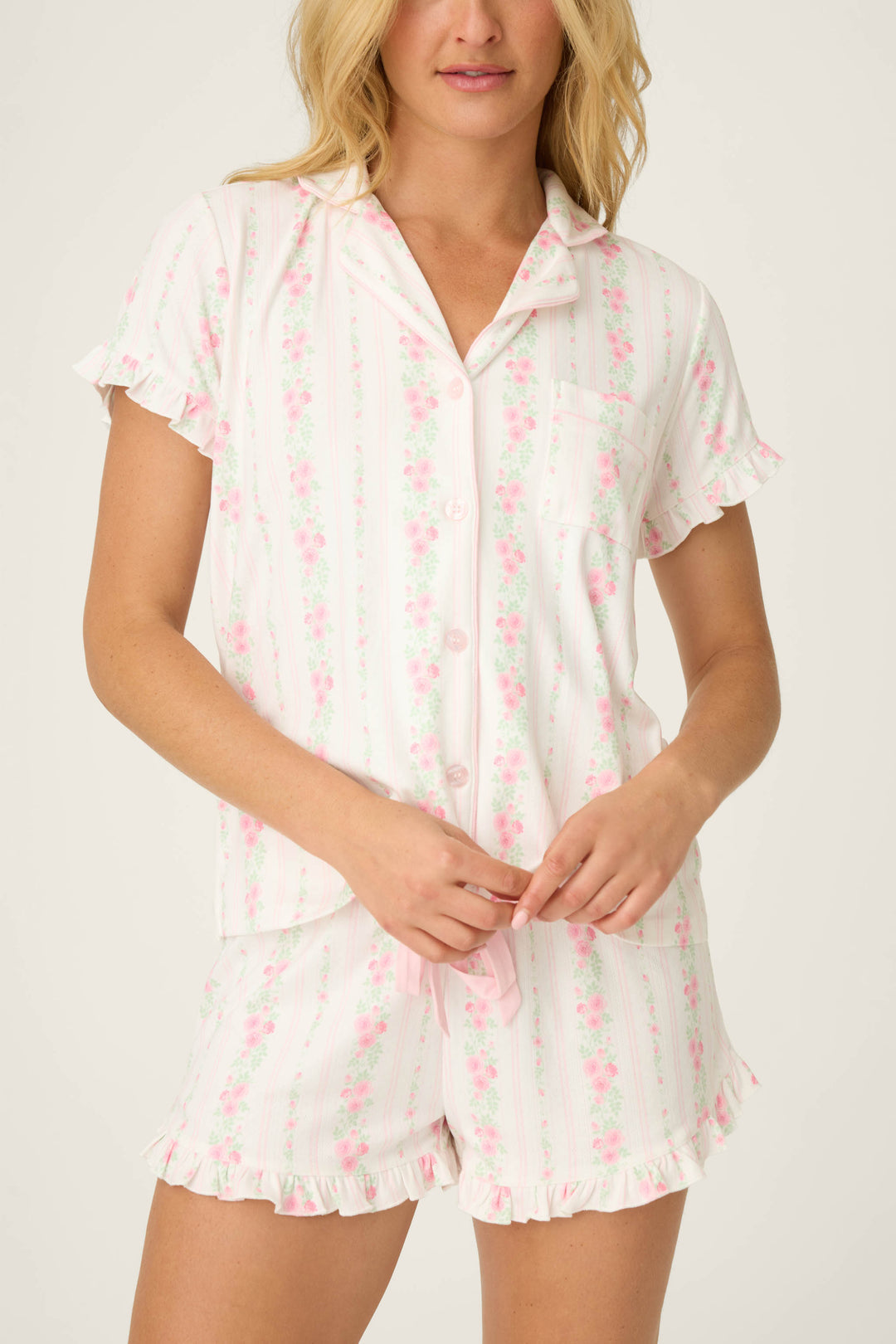 PJ Salvage, Sleepwear, Pajama set, Floral print, Comfortable sleepwear, Pointelle fabric, Drawstring shorts, Eye mask at ooh la la! in Grapevine TX 76051