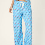 Bay blue pajama pants with patriotic red white navy star print and drawstring waist