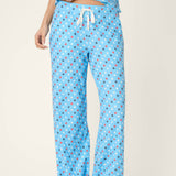 Bay blue pajama pants with patriotic red white navy star print and drawstring waist