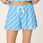 Light blue pajama shorts with patriotic red white blue star print and drawstring waist