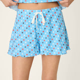 Light blue pajama shorts with patriotic red white blue star print and drawstring waist