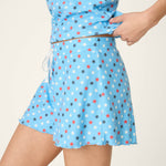 Bay blue sleep shorts with red white navy star print drawstring waist