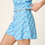Bay blue sleep shorts with red white navy star print drawstring waist