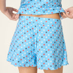 Bay blue sleep shorts with patriotic red white navy star print pattern