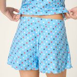 Bay blue sleep shorts with patriotic red white navy star print pattern