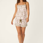 Model wearing PJ Salvage Tiki Time Short PJ Set in pink and green tropical print