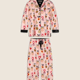 PJ Salvage Love Lockets 3-piece flannel pajama set in Iced Rose with heart and bow print