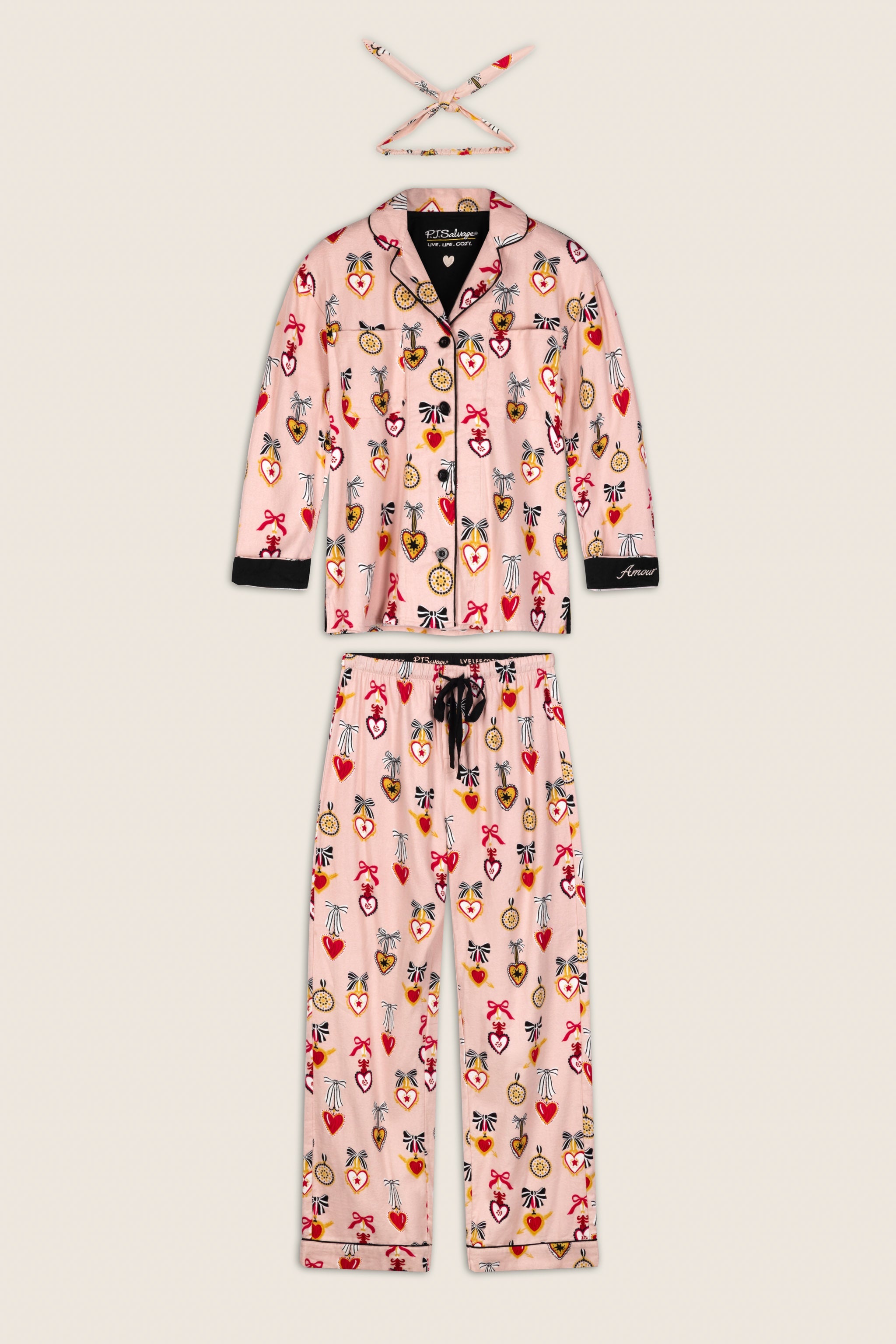 PJ Salvage Love Lockets 3-piece flannel pajama set in Iced Rose with heart and bow print