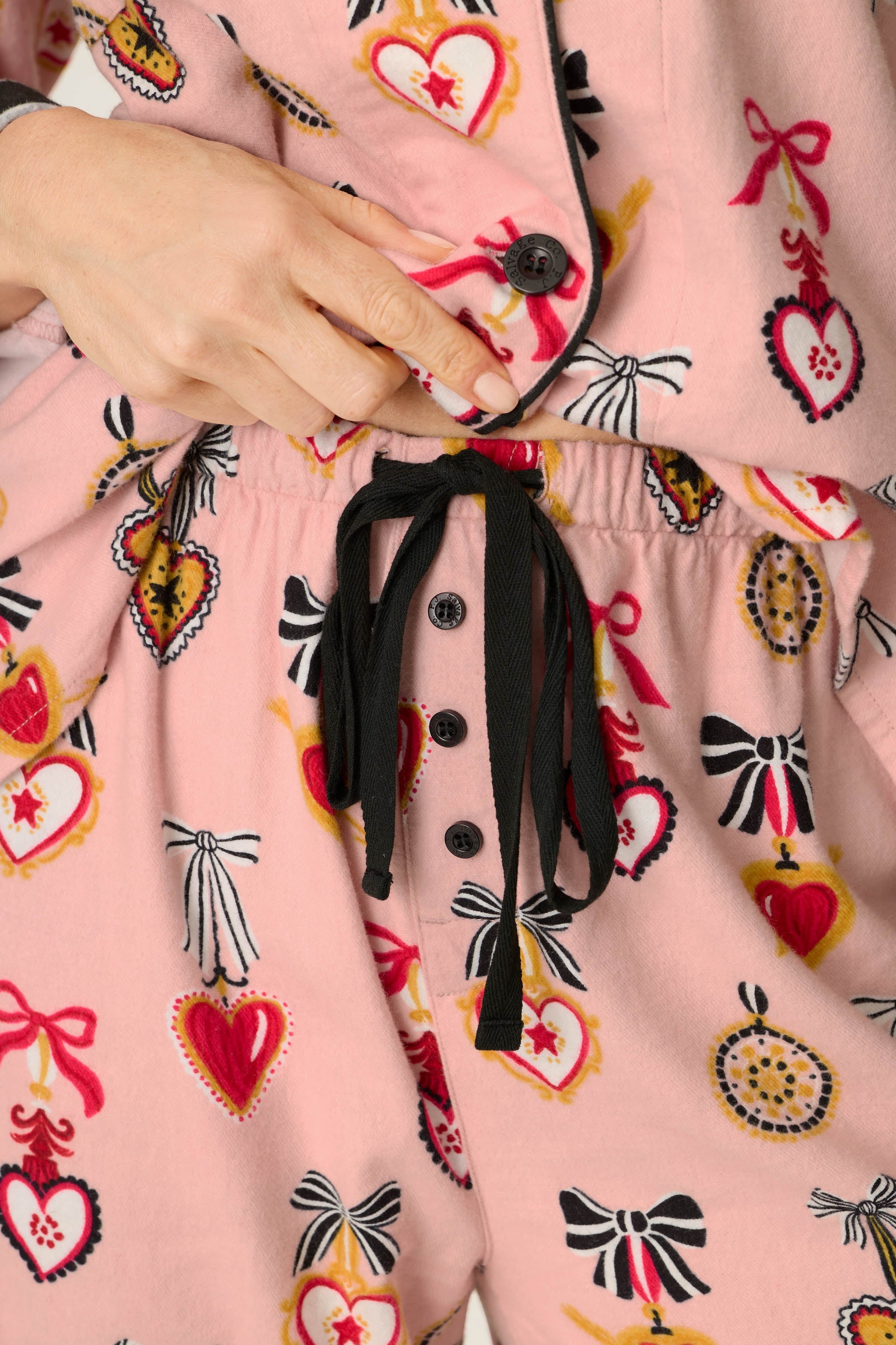 PJ Salvage Love Lockets flannel pajama set in pink with heart and bow print detail