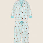 PJ Salvage Espresso Martini Print 3-piece long sleeve flannel pajama set in pool blue stripes