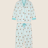 PJ Salvage Espresso Martini Print 3-piece long sleeve flannel pajama set in pool blue stripes